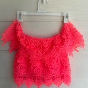 NWOT Bright Boutique Coral Pink Women's Lace Crop Top With Under Soft Stechy Top